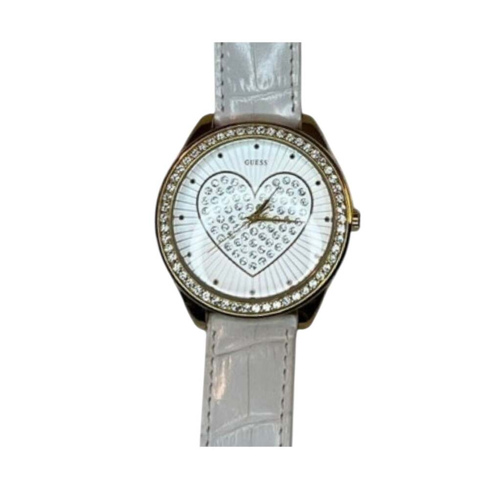 GUESS White Leather Heart Dial Crystal Quartz Watch Ladies Wristwatch